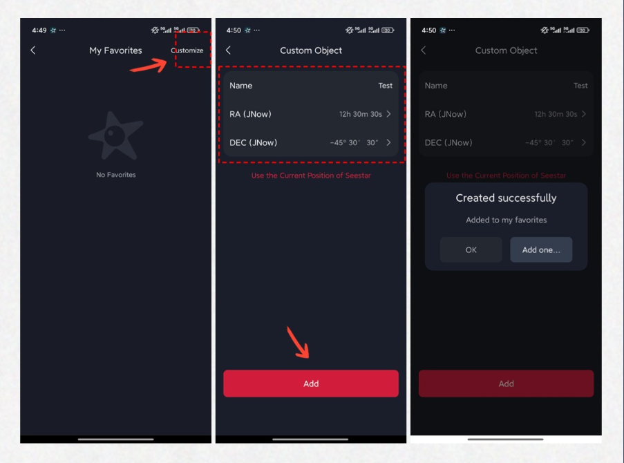 Adding a custom celestial object in the Seestar app