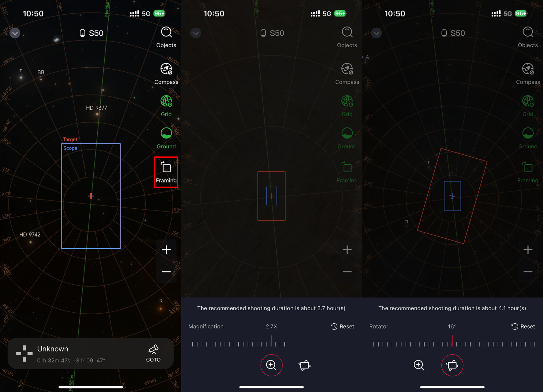 Seestar App Star Framing feature interface showing adjustable field of view for custom astrophotography compositions