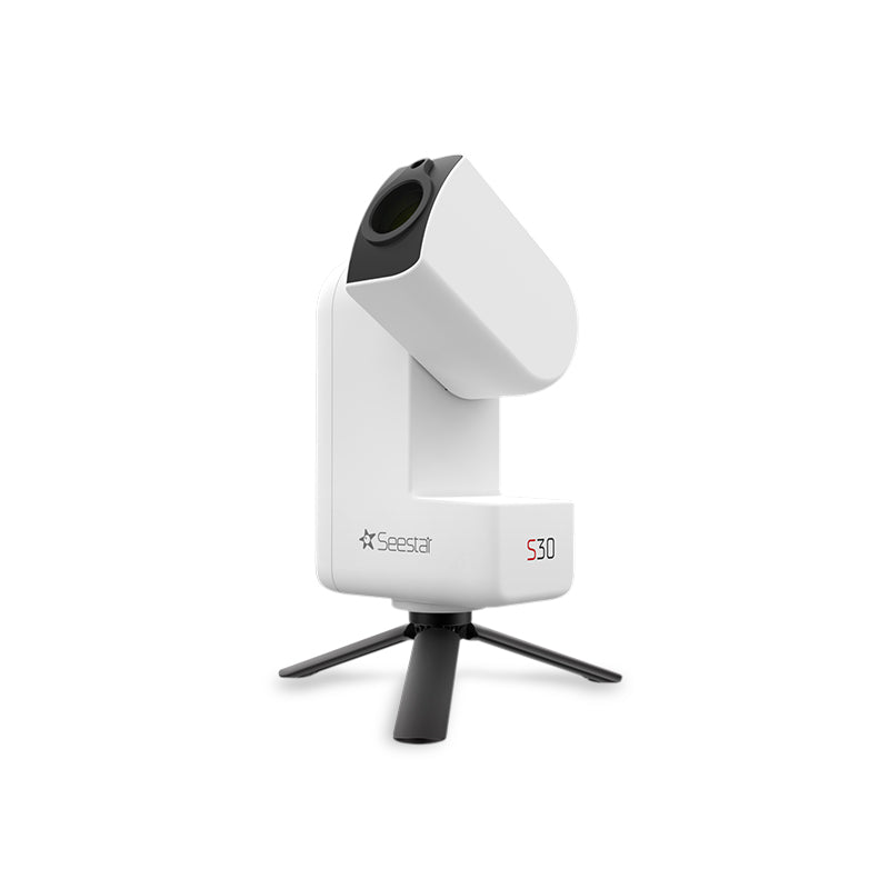 Seestar S30 smart telescope product image showing compact body and tripod.