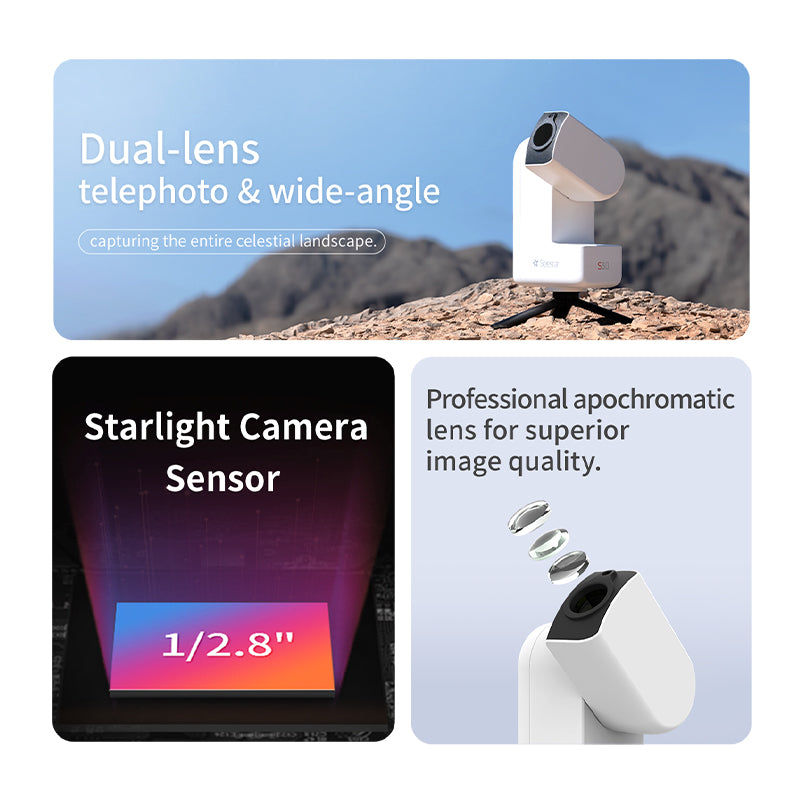 Seestar S30 dual-lens smart telescope with telephoto and wide-angle optics.