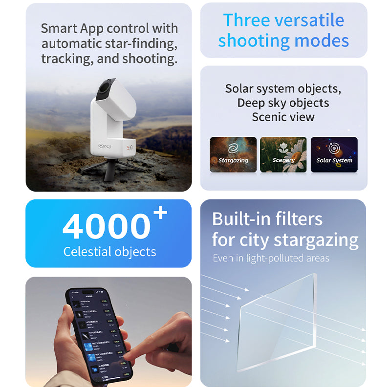 Seestar S30 app-controlled smart telescope for tracking celestial objects.