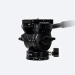 Seestar TH10 fluid tripod head side view with locking knob and quick release plate.