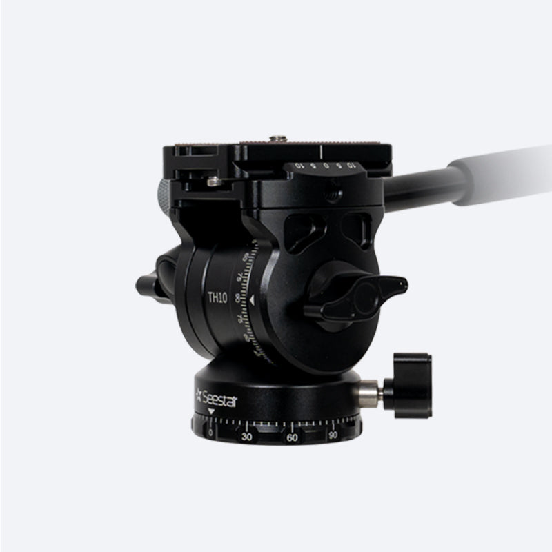 Seestar TH10 fluid tripod head side view with locking knob and quick release plate.
