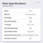 Seestar TH10 fluid head specifications including 5 kg payload, 360-degree pan, and -90 to +90 tilt.
