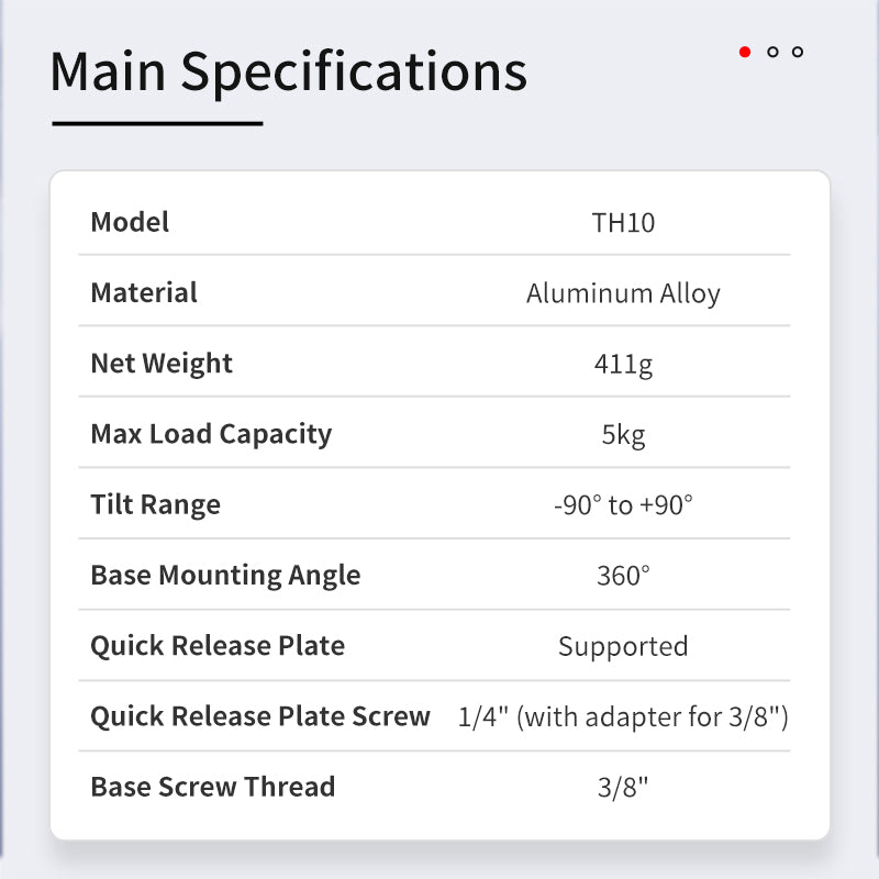 Seestar TH10 fluid head specifications including 5 kg payload, 360-degree pan, and -90 to +90 tilt.