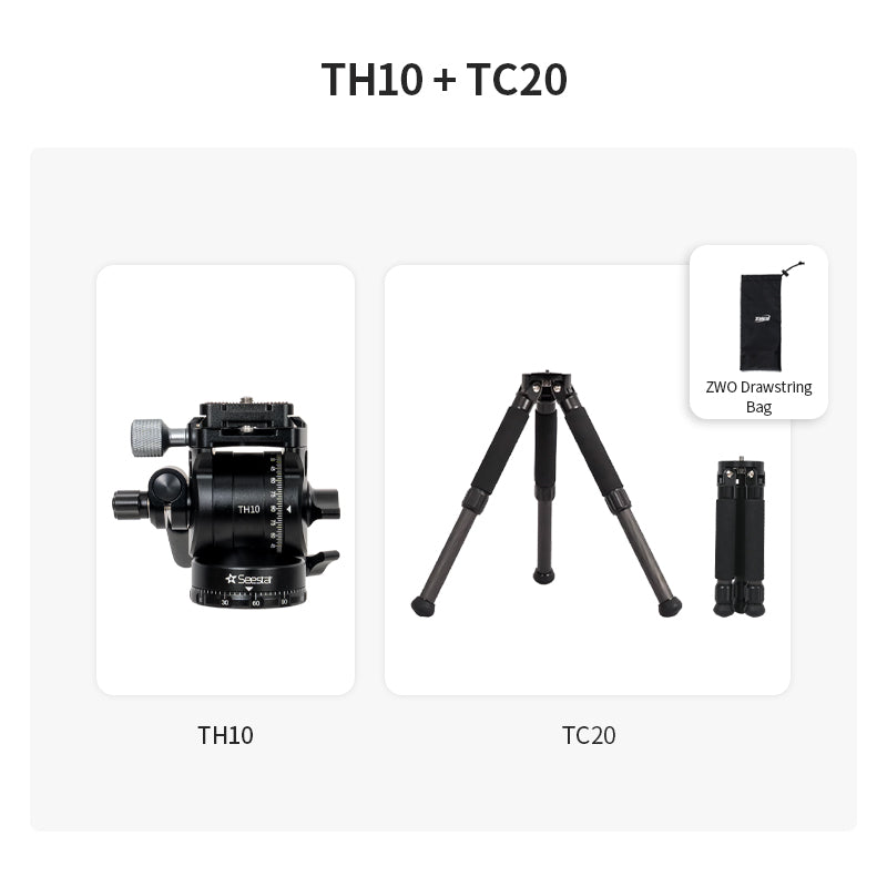 Seestar TH10 fluid head mounted on TC20 carbon fiber tripod with ZWO carry bag.