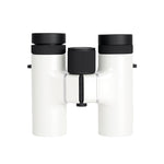Seestar 8x24 binoculars top view with focus wheel and black accents.
