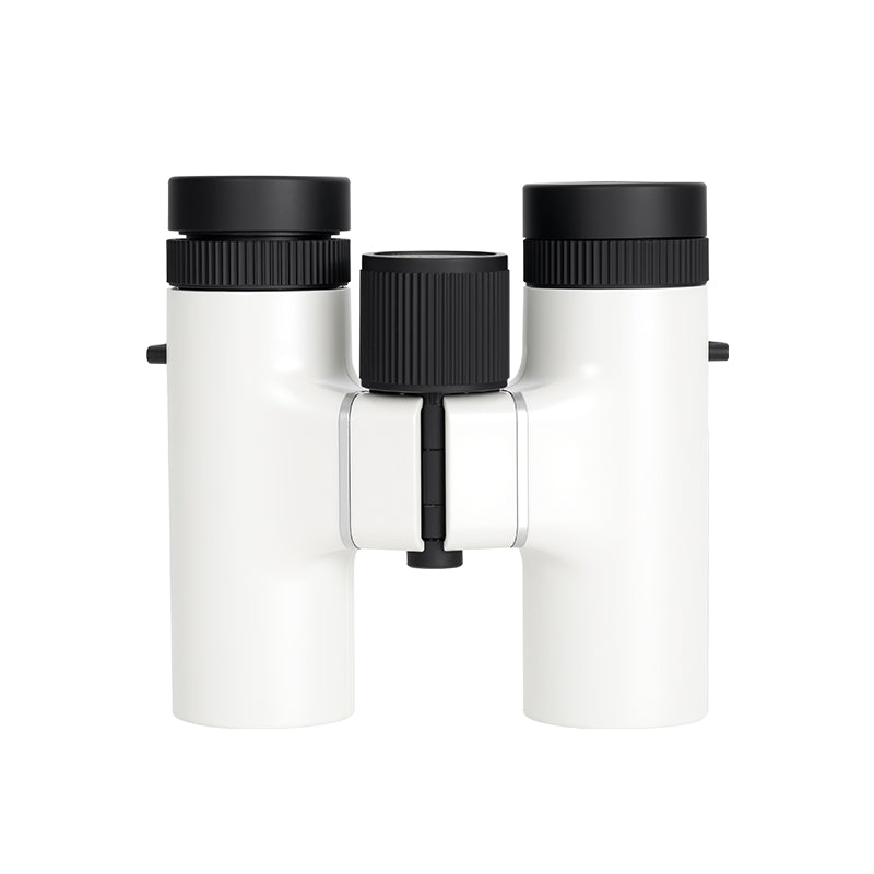 Seestar 8x24 binoculars top view with focus wheel and black accents.