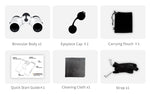 Seestar 8x24 binoculars package contents with pouch, strap, cleaning cloth, caps, and quick start guide.