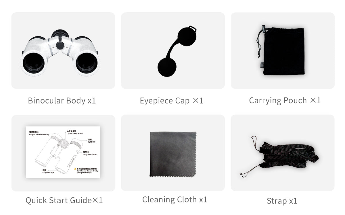 Seestar 8x24 binoculars package contents with pouch, strap, cleaning cloth, caps, and quick start guide.