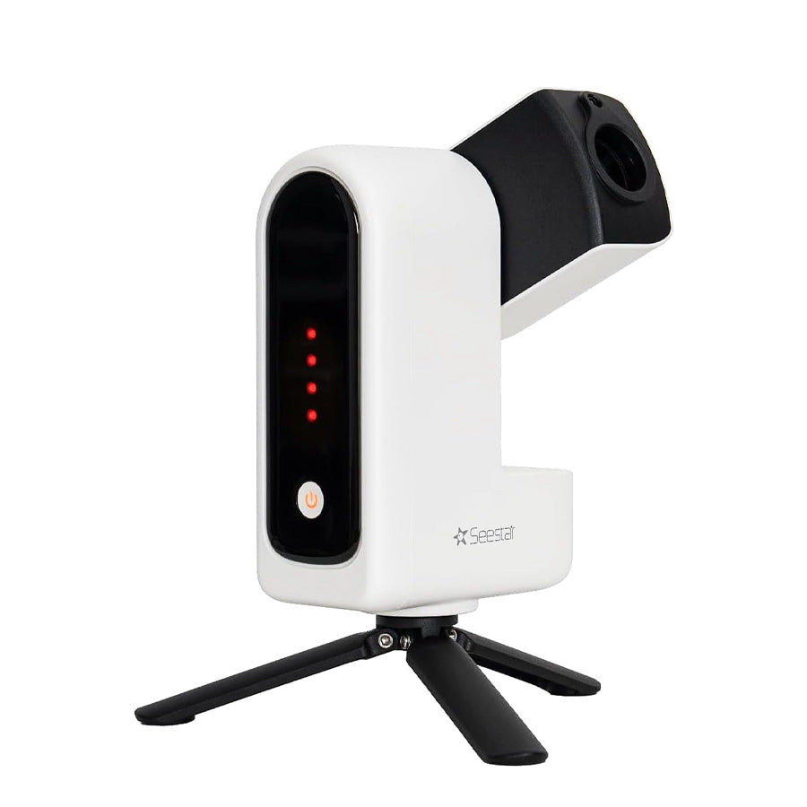 Seestar S30 smart telescope front view with white body and tripod.