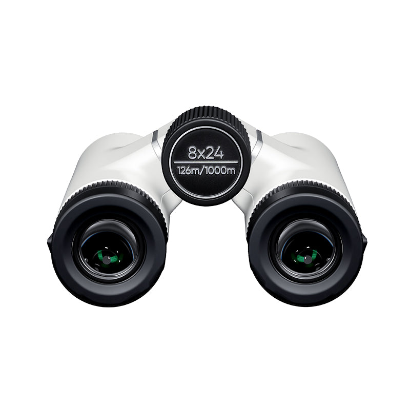 Seestar 8x24 binoculars rear view with eyepieces and specification markings.