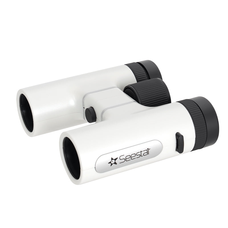 Seestar 8x24 binoculars side view showing compact white body.