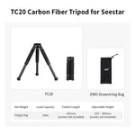 Seestar TC20 carbon fiber tripod folded beside its carry bag for portable telescope use.