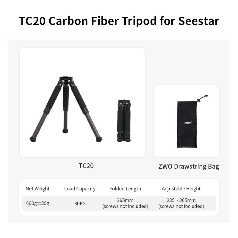 Seestar TC20 carbon fiber tripod folded beside its carry bag for portable telescope use.